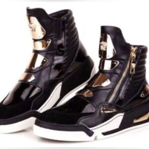 Versace techno gold plate black fashion sneaker medusa head 44/10 high top guc